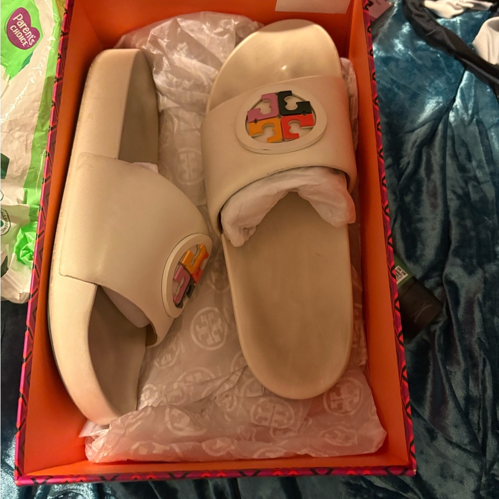 Tory Burch Ivory Multi-Color Lina Slides